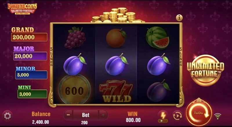 Fortune Coins Unlimited Fortune – osnovna mreža 3x3 s simboli sadja